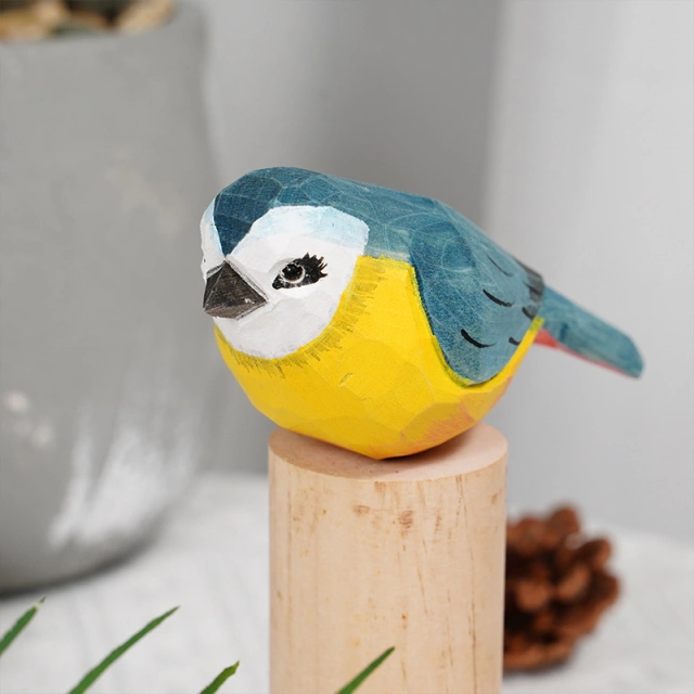 Hand Carved Wooden Blue Tit Bird Ornament